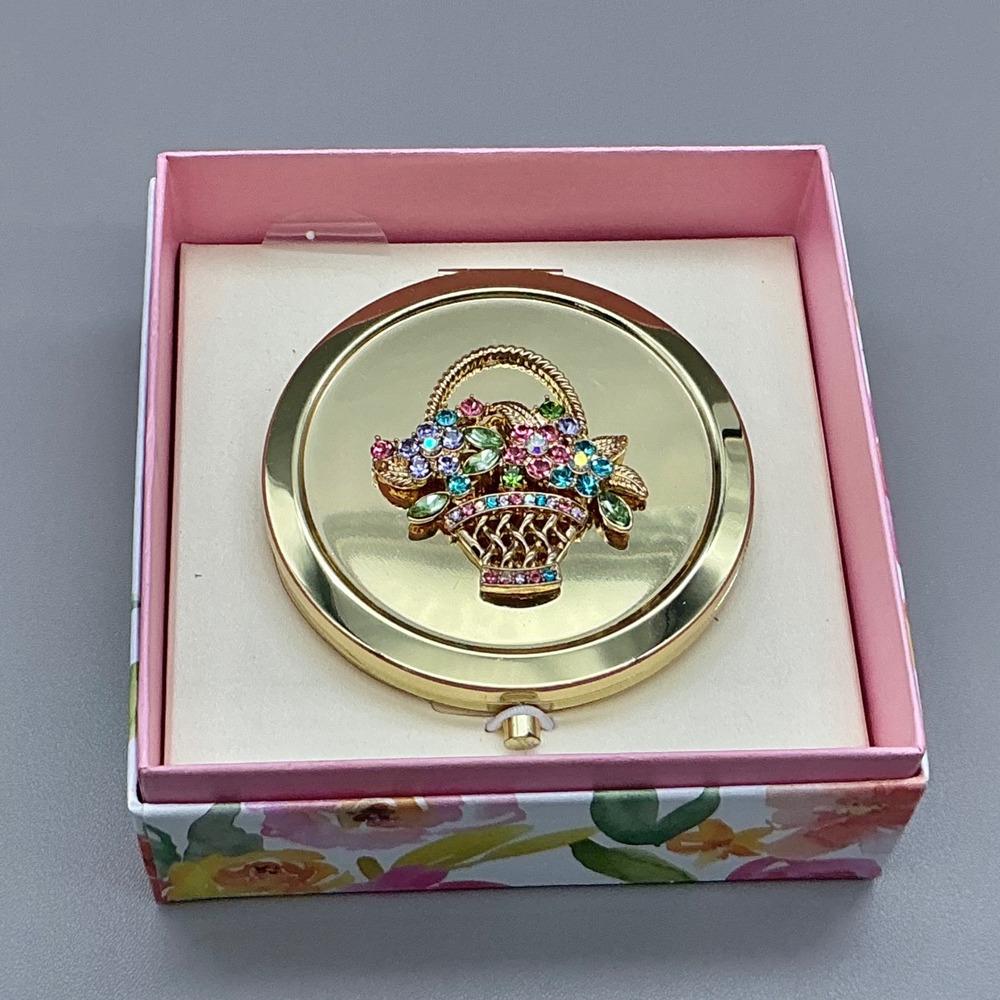Monet Compact Mirror Women Gold Flower Basket Rhinestone Embellished Gift Boxed